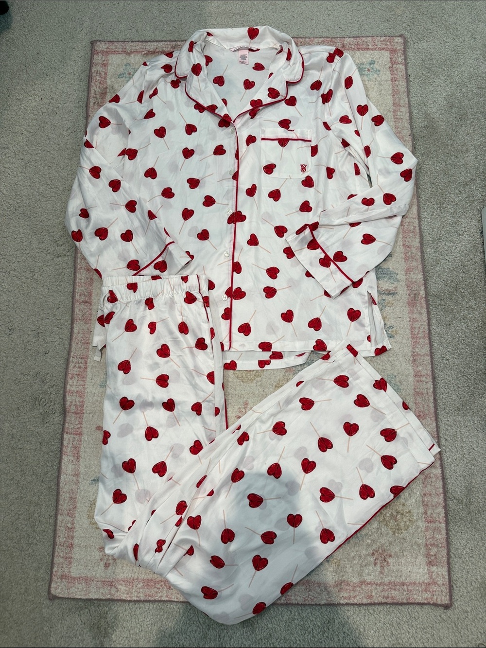Victoria’s Secret red and white heart lollipop satin long sleeve pajama set